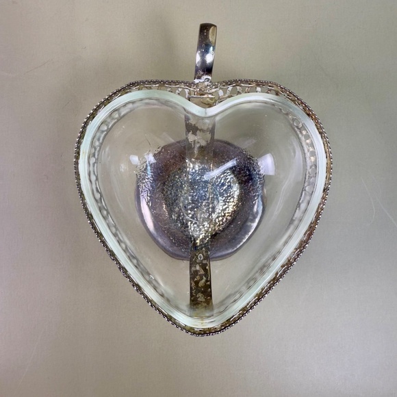 Vintage English Silverplate & Glass Heart Basket | Footed Handle Dish | England - Picture 6 of 16